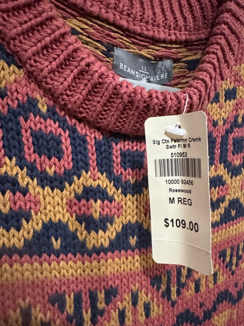 L.L. Bean signature Rust Cable-Knit Fair Isle Crew Sweater NWT - Picture 3 of 6